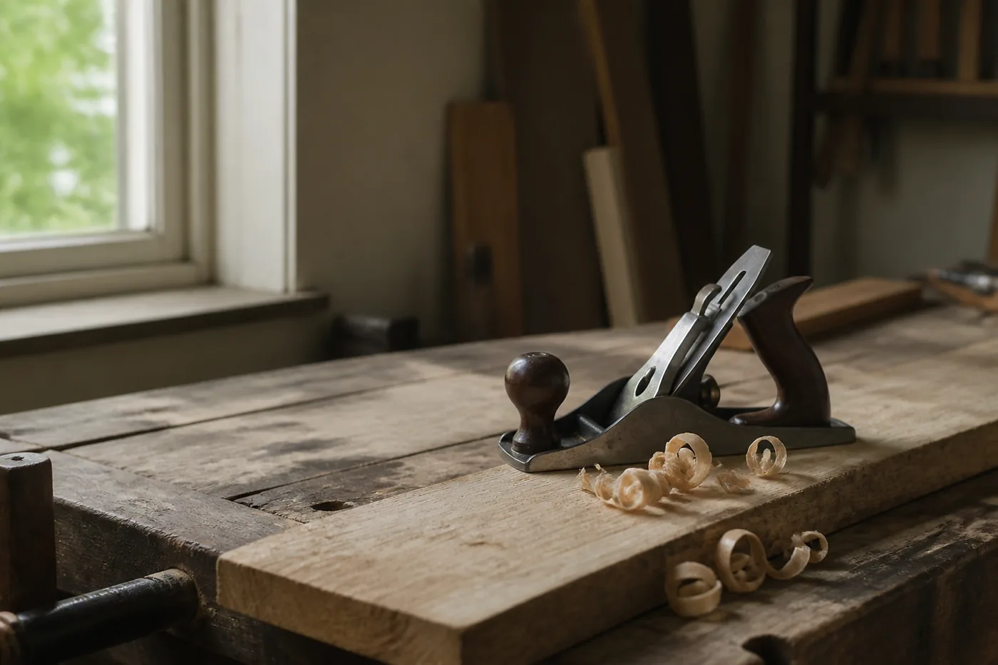 A worn hand plane resting on an oak board beside curled wood shavings